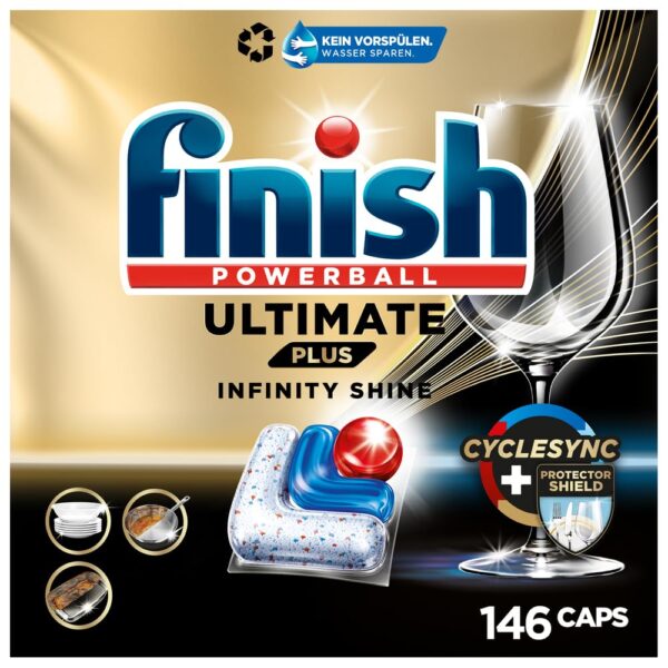 Finish Ultimate Plus Infinity Shine Geschirrspültabs – 146 Caps mit CycleSync-Technologie