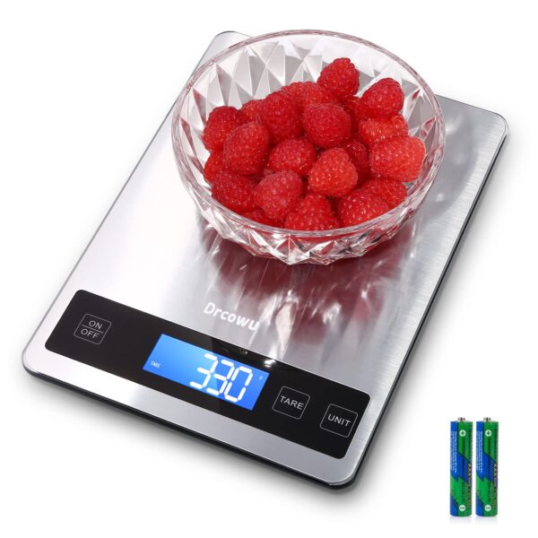 Drcowu Digitale Küchenwaage 15 kg – Profi-Lebensmittelwaage mit Edelstahl & Tara-Funktion