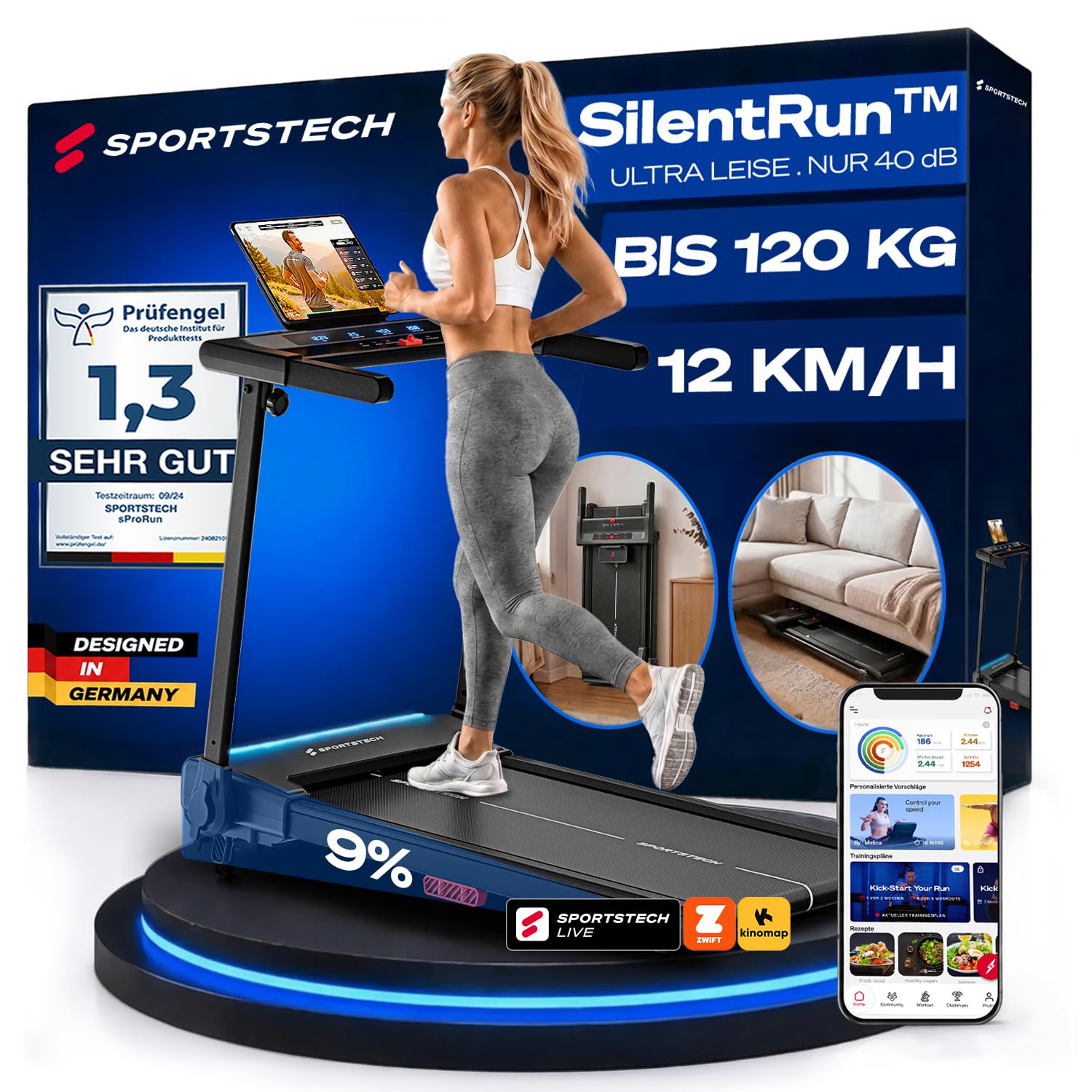 71PzahqiPSL._SY1500_.jpg Sportstech sProRun Laufband klappbar – 12 km/h, 9% Steigung, bis 120 kg für Homeoffice – Bild 1