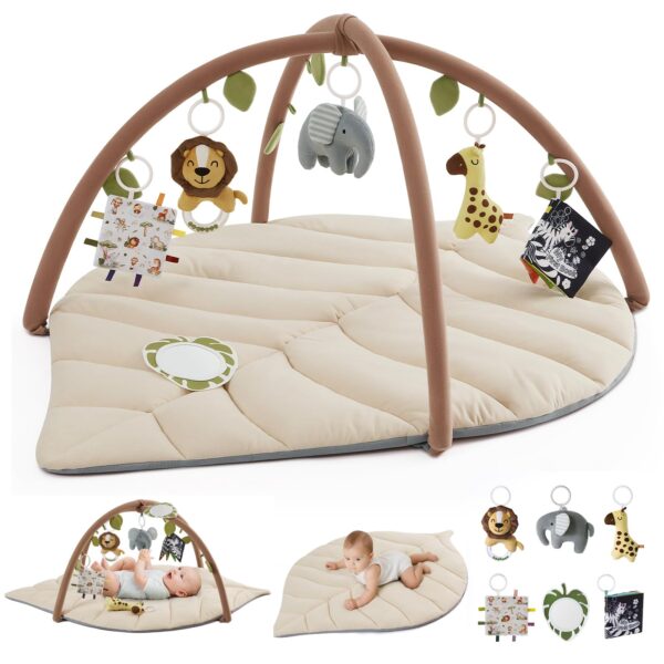Blissful Diary Spielbogen Baby 135×94 cm – Blattförmige Activity Decke mit 6 Spielzeugen