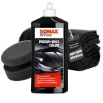 SONAX Polish & Wax Color Schwarz 500ml Set – Autopolitur mit Polierschwamm & Mikrofasertuch