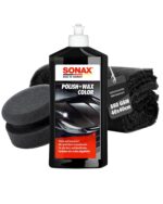 SONAX Polish & Wax Color Schwarz 500ml Set – Autopolitur mit Polierschwamm & Mikrofasertuch