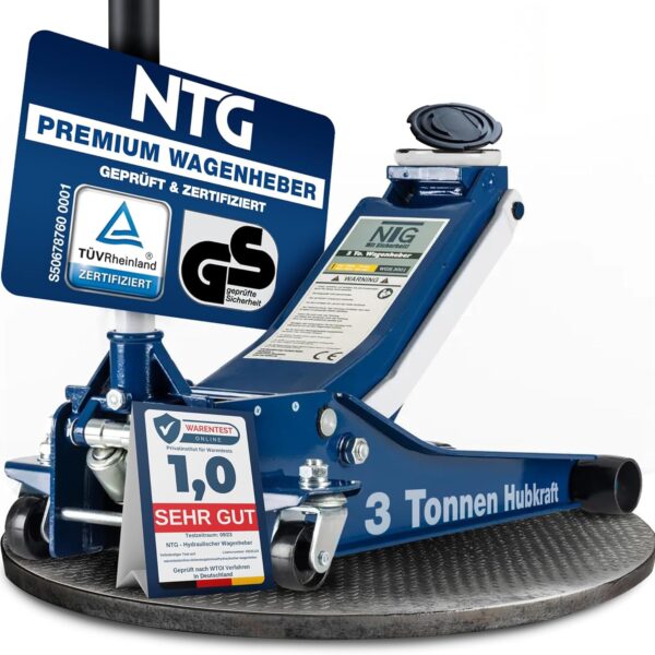 NTG Hydraulischer Wagenheber 3T – TÜV-zertifiziert, 75–505 mm Hubhöhe für PKW & SUV