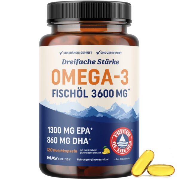 MAV NUTRITION Omega-3 Fischöl 3600 mg – 1300 mg EPA & 860 mg DHA pro Kapsel