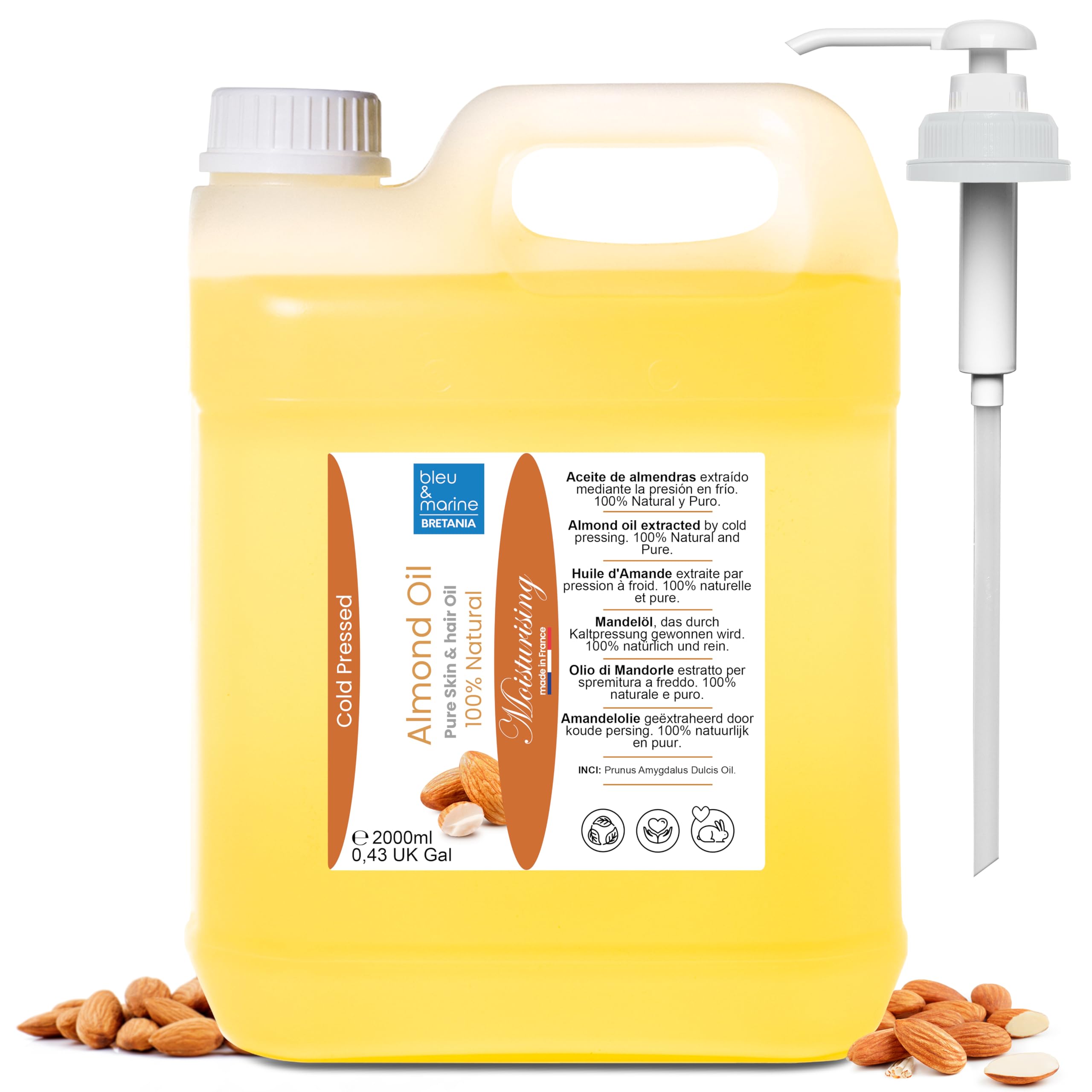 71S1ho0KIAL._SY2560_.jpg 2000 ml Bio Mandelöl Kaltgepresst – Natürliche Hautpflege & Haarpflege von bleu & marine Bretania – Bild 1