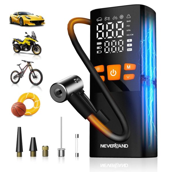 NEVERLAND Elektrische Luftpumpe 150 PSI mit 16000mAh Akku – Kompressor für Auto, Motorrad & Fahrrad