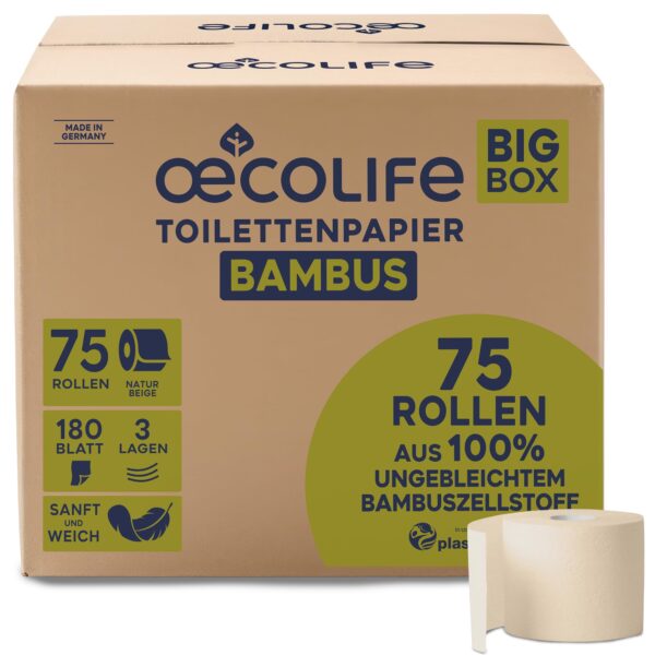 œcolife Bambus Toilettenpapier 75 Rollen 3-lagig – Nachhaltig & Plastikfrei