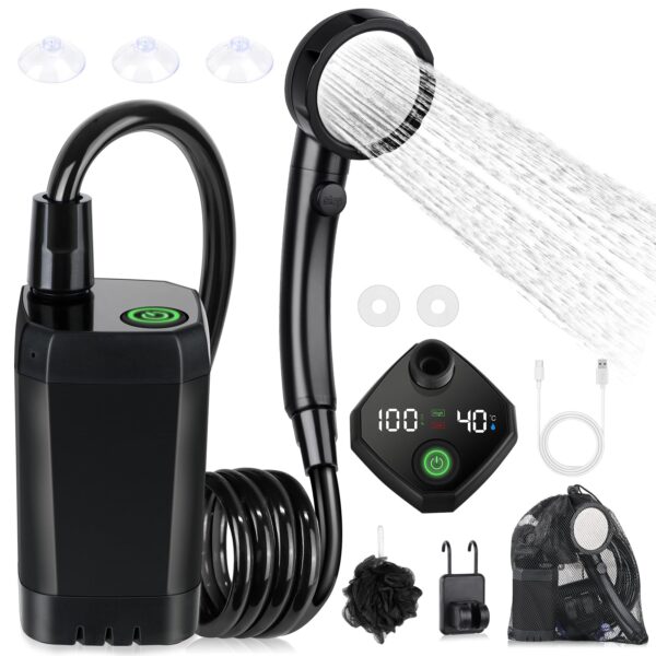 Spopal Campingdusche 6000mAh mit Pumpe & Temperaturanzeige – Tragbare Dusche für Outdoor