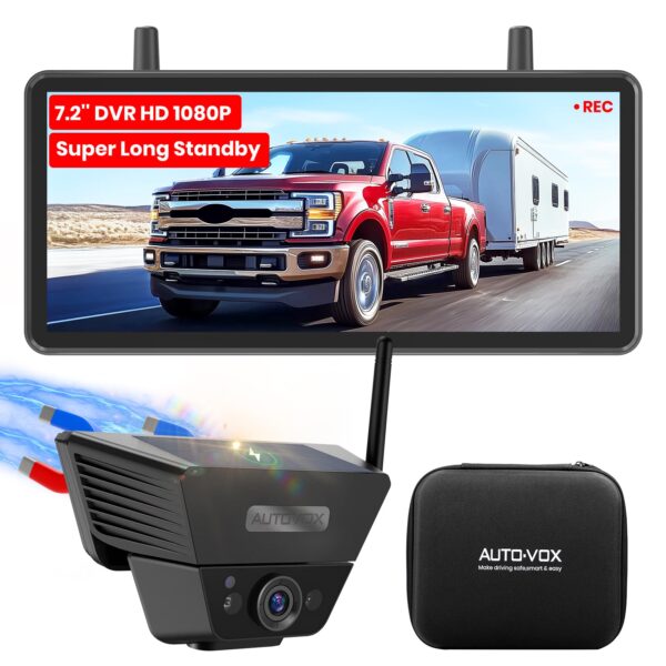 AUTO-VOX Kabellose Solar-Rückfahrkamera 7,2" 1080P mit DVR – Magnetische Installation für LKW & Anhänger
