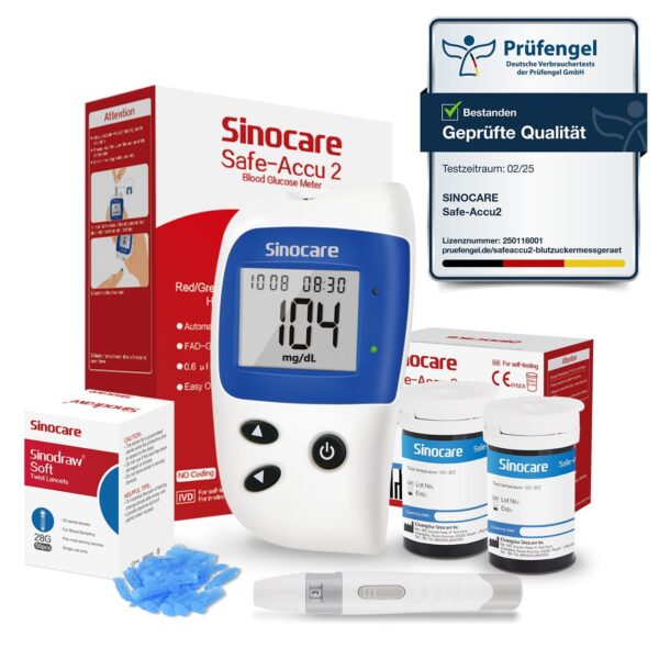 Sinocare Safe-Accu2 Blutzuckermessgerät Set – Schmerzfreie Messung mit 50 Teststreifen