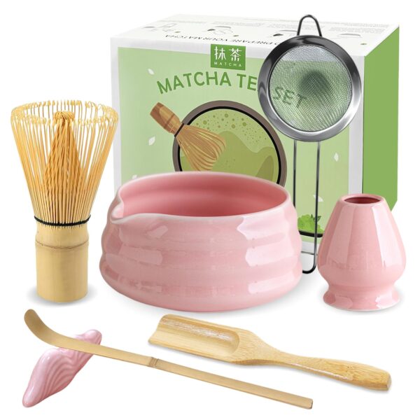 JBER Matcha Set Rosa 7-teilig – Handwerkliches Matcha Zubehör mit Bambusbesen & Keramikschale