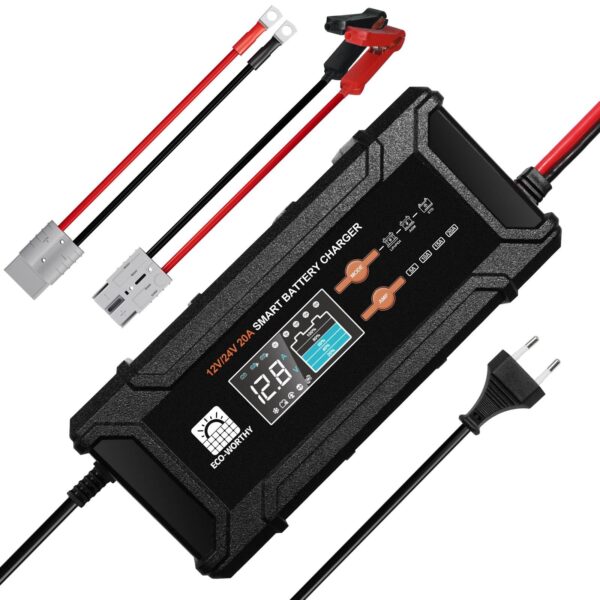 ECO-WORTHY 12V/24V 20A LiFePO4 Batterieladegerät – Intelligentes Multi-Current Schnellladegerät