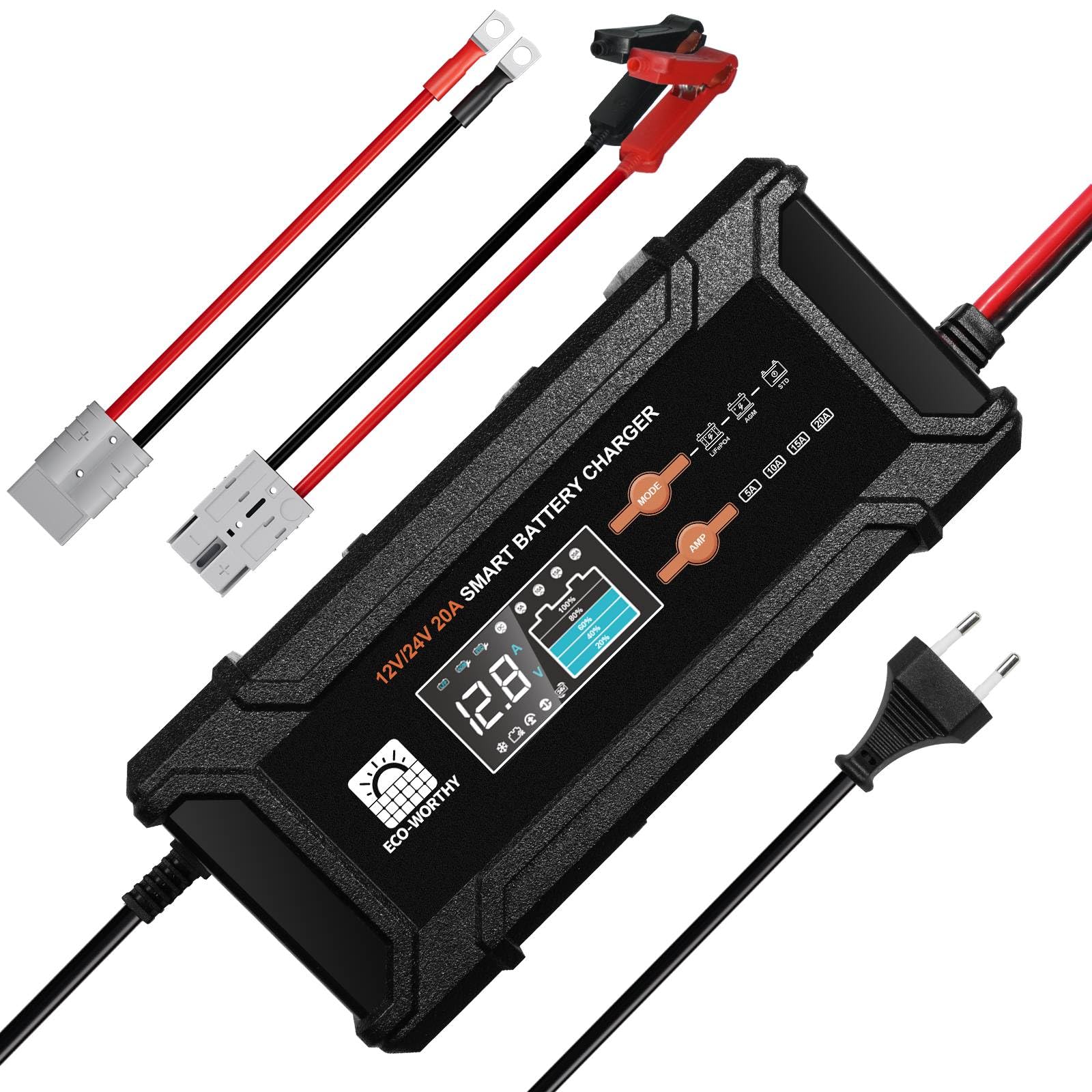 71UtAz9S9jL._SY1600_.jpg ECO-WORTHY 12V/24V 20A LiFePO4 Batterieladegerät – Intelligentes Multi-Current Schnellladegerät – Bild 1