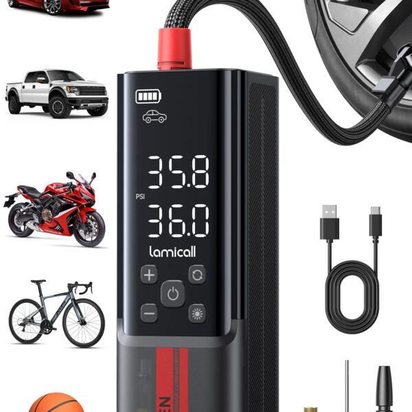 Lamicall Elektrische Luftpumpe 150PSI mit Akku & Digital Manometer – Tragbarer Kompressor für Auto, Fahrrad & Motorrad