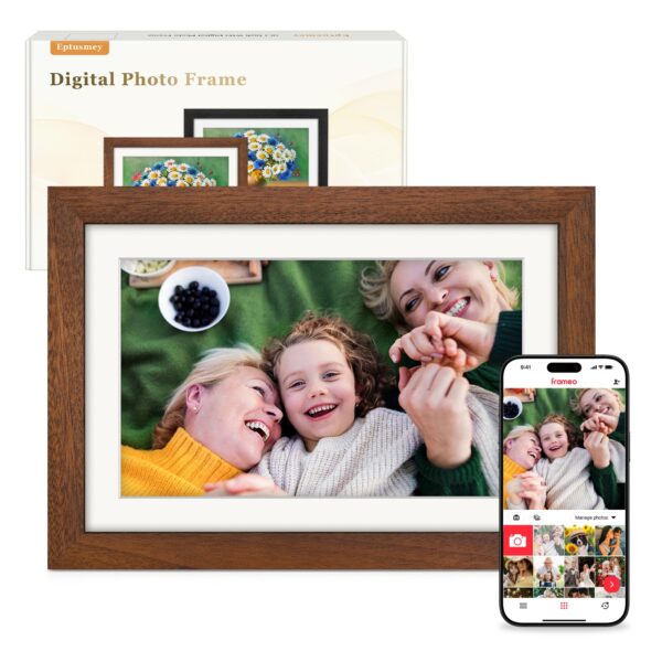 Eptusmey Frameo Digitaler Bilderrahmen 10.1 Zoll WLAN – Walnussholz mit 32GB Speicher