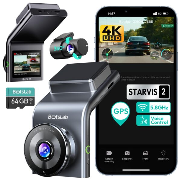 BOTSLAB 4K Dashcam Vorne & Hinten mit STARVIS 2 – GPS, 5,8GHz WiFi & Nachtsicht