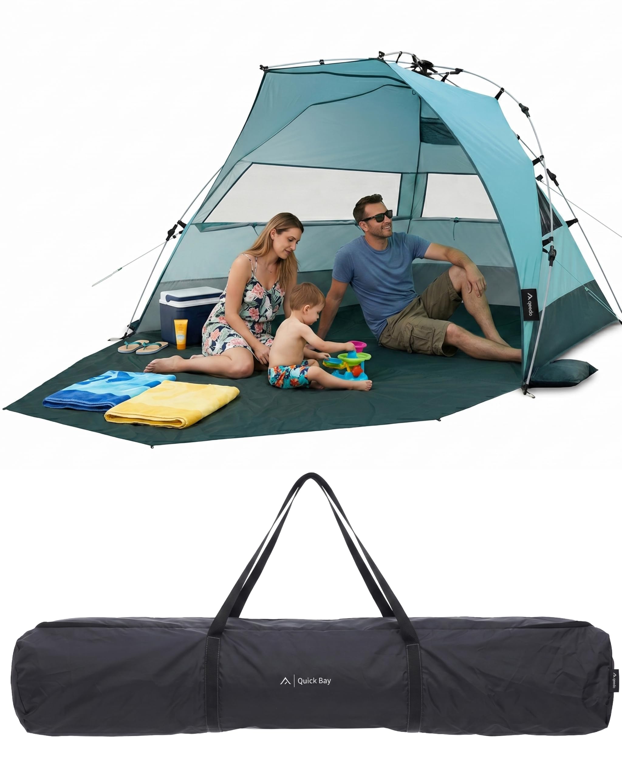 71WLrY-hZLL._SY2560_.jpg qeedo Quick Bay Pro Strandmuschel – UV80 Sonnenschutz für 3 Personen mit Quick-Up System – Bild 1