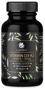 Luondu Vitamin D3 20.000 I.E. + K2 MK7 200 mcg – Hochdosiert & 100% Vegan, 180 Kapseln