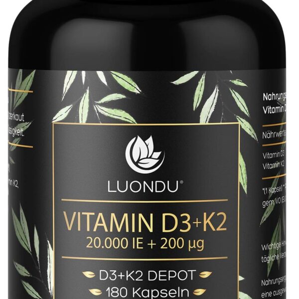 Luondu Vitamin D3 20.000 I.E. + K2 MK7 200 mcg – Hochdosiert & 100% Vegan, 180 Kapseln