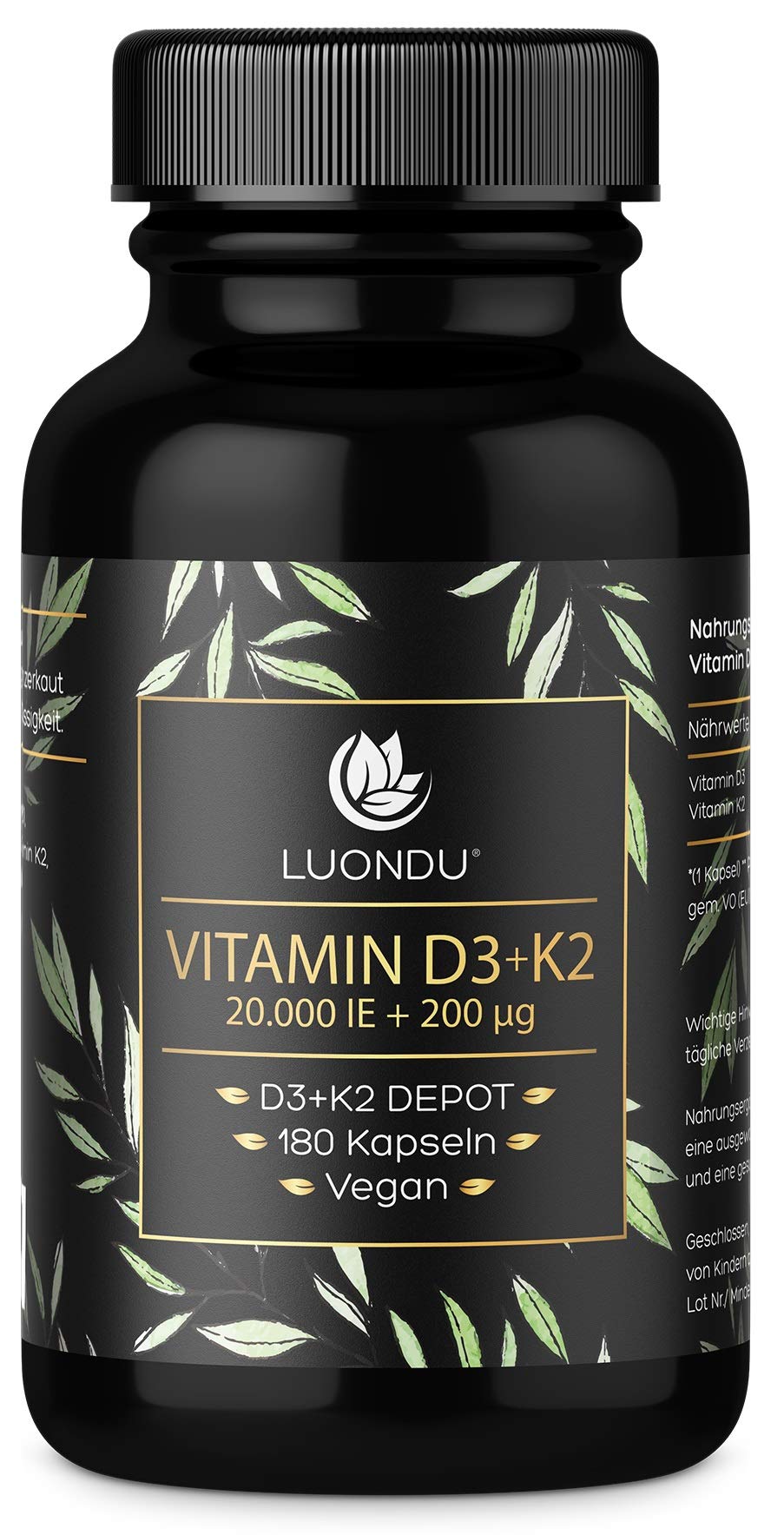 71WMFRgDCRL._SY1767_.jpg Luondu Vitamin D3 20.000 I.E. + K2 MK7 200 mcg – Hochdosiert & 100% Vegan, 180 Kapseln – Bild 1