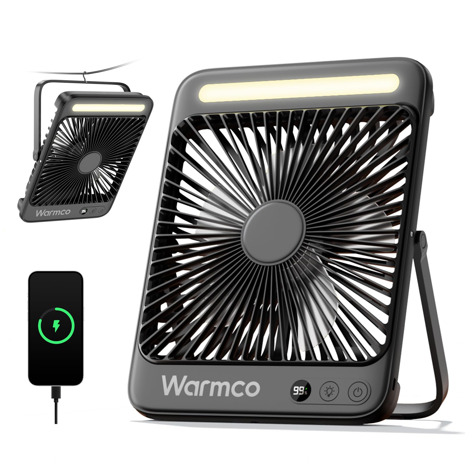 71WyervECPL._SY1600_.jpg Warmco D4 Akku Camping Ventilator 20000mAh – 48h Laufzeit mit LED & Haken – Bild 1