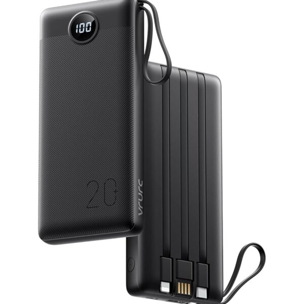 VRURC Powerbank 20000mAh mit 4 integrierten Kabeln – 22,5W Schnellladung für alle Geräte