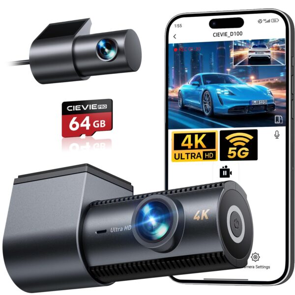 Cievie Dashcam 4K+1080P Vorne Hinten mit WLAN & 64GB SD Karte – Unfallbeweis & Parküberwachung