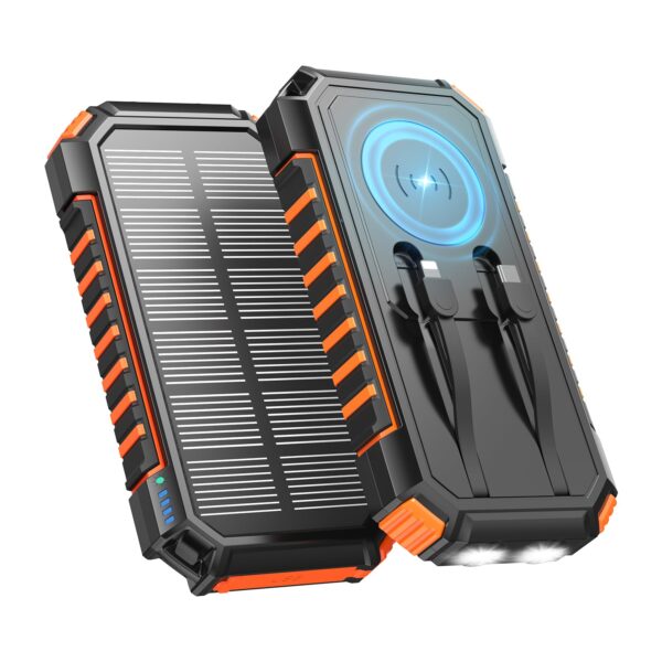 20000mAh Wireless Solar Powerbank – 22.5W Schnellladung mit integrierten Kabeln & LED-Taschenlampen