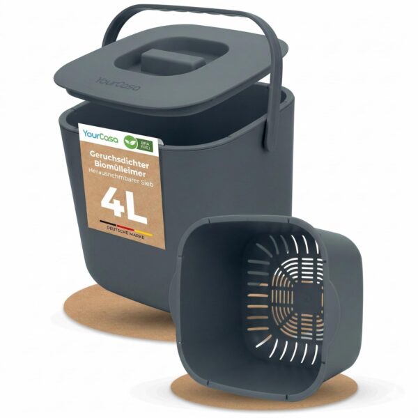 YourCasa Biomülleimer 4L mit herausnehmbarem Sieb – Geruchsdicht für die Küche