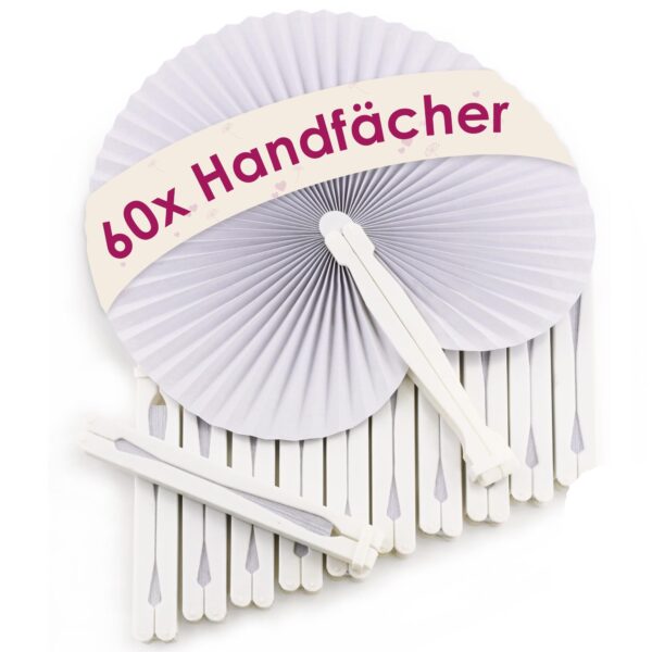 WeddingTree 60x Handfächer Hochzeit Weiß – Papierfächer mit Kunststoffgriff für Events