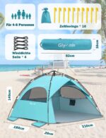 Glymnis Quick-Up Strandzelt 210x180cm mit UPF 50+ UV-Schutz – Automatisches Strandmuschel für 4-6 Personen – Bild 3
