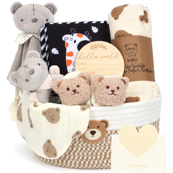 Baby-Geschenkkorb mit Windel-Caddy, Sensorikbuch & Meilensteinkarten – Unisex Neugeboreneset