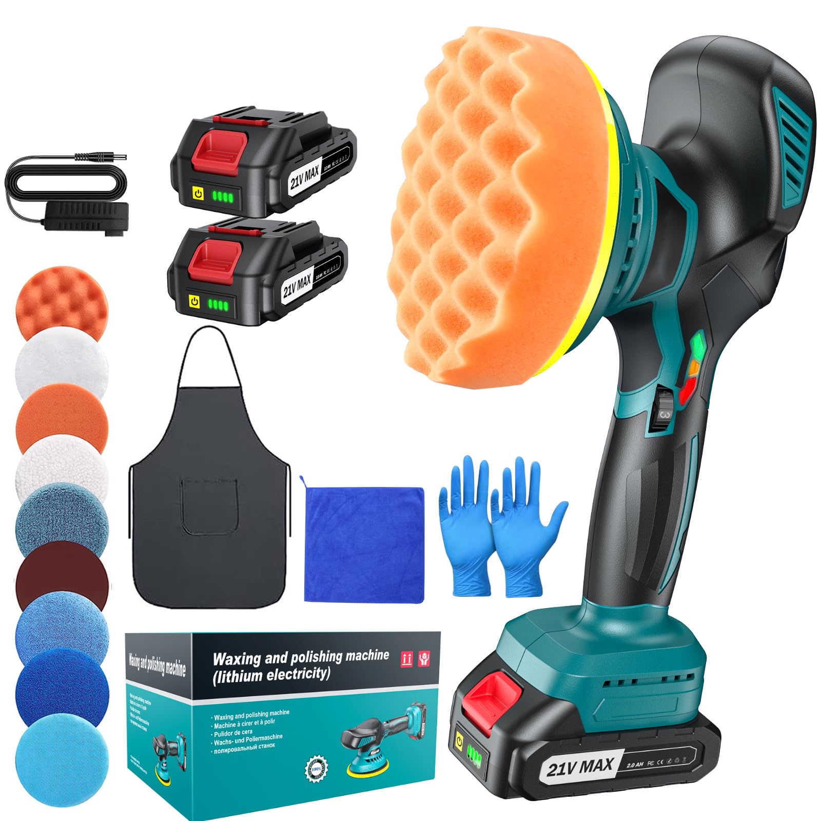 71amsy-8KL._SY1600_.jpg XIAZIR Akku Poliermaschine 150mm mit 2×21V Batterien & 6 Geschwindigkeiten – Kabellos bis 5500RPM – Bild 1
