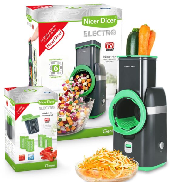 Genius Nicer Dicer Electro Deluxe Set 32-tlg – Elektrischer Gemüsehobel mit 9 Einsätzen