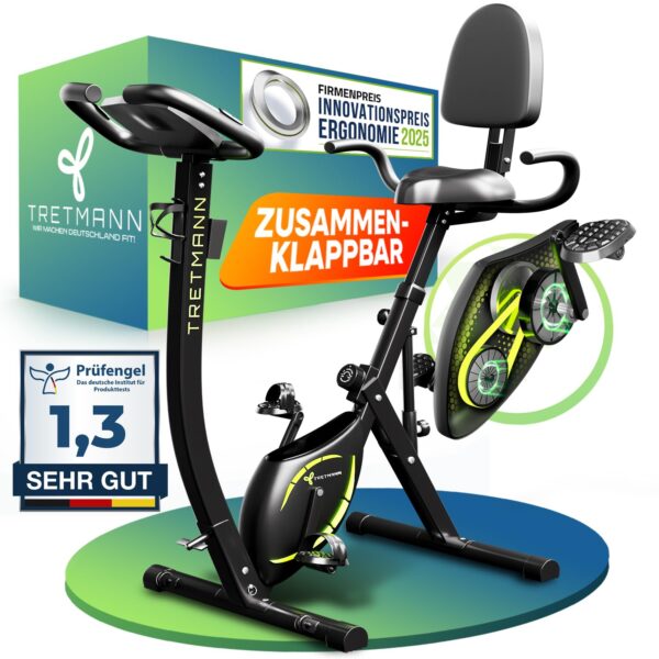 TRETMANN 3in1 Heimtrainer Fahrrad klappbar – Liegeergometer mit SoftFoam & DEKRA-Zertifikat