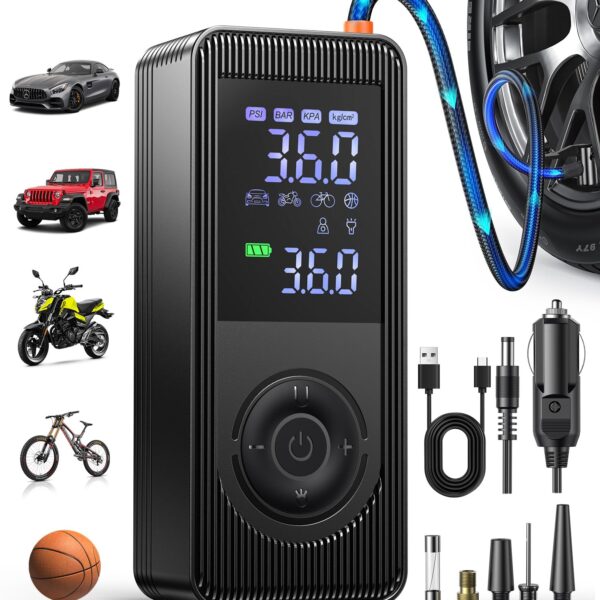 Fshyos Elektrische Luftpumpe 150 PSI mit 6000-mAh-Akku – tragbarer Kompressor für Auto, Fahrrad & Motorrad