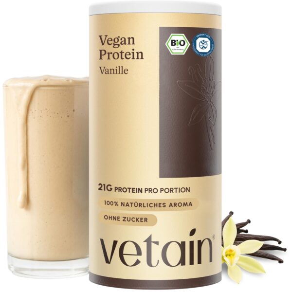 VETAIN Veganes Proteinpulver Vanille 540g – 21g Protein pro Portion mit 4 Proteinquellen