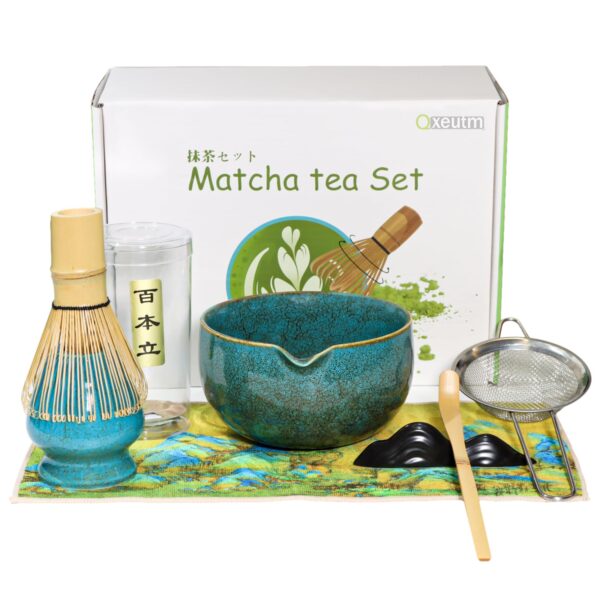 Qxeutm Matcha Set mit Bambus Besen & Keramik Schale – 7-teiliges Ceremonial Tea Set Blau