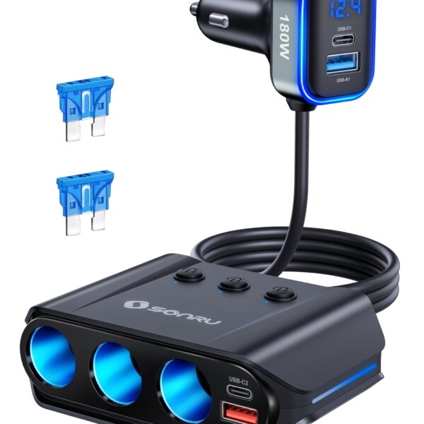 SONRU 180W KFZ Zigarettenanzünder Verteiler 7 in 1 – 4 USB & 3 Steckdosen für 12V/24V