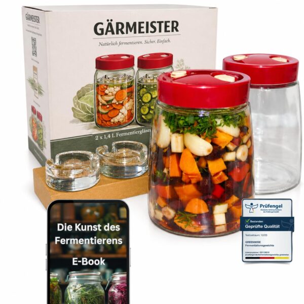 GREEN WISE GÄRMEISTER Fermentierglas Set 2x1,4L mit Gärventil – Komplettset für Sauerkraut & Kimchi