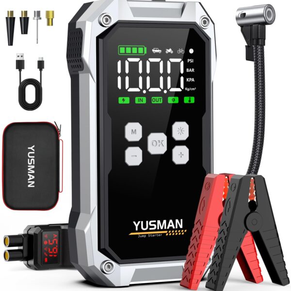 YUSMAN 8000A Starthilfe Powerbank mit 150PSI Kompressor – 4-in-1 Notfallset für Autos