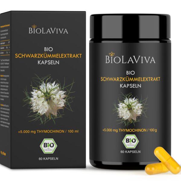 BIO Schwarzkümmelöl Kapseln hochdosiert – 5000 mg Thymochinon, 60 vegane Kapseln