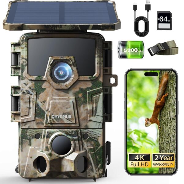 CEYOMUR Solar Wildkamera 64MP 4K Wi-Fi 6 – Bewegungsmelder mit Handyapp & IP66 Wasserschutz