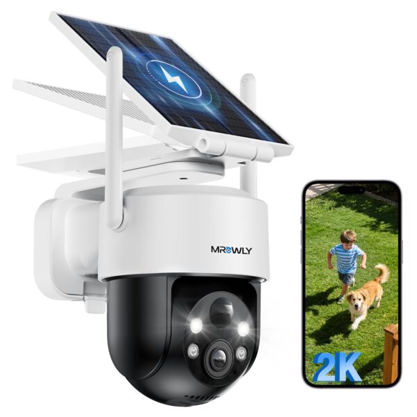 Mrowly 2K Solar-Überwachungskamera Aussen 360° PTZ WLAN – Kabellose IP66 Outdoor Kamera mit Farbnachtsicht