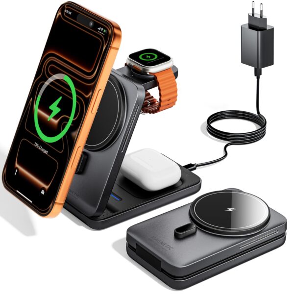 KPON 3-in-1 Magsafe Ladestation für iPhone, Apple Watch & AirPods – Faltbar mit 20W Adapter