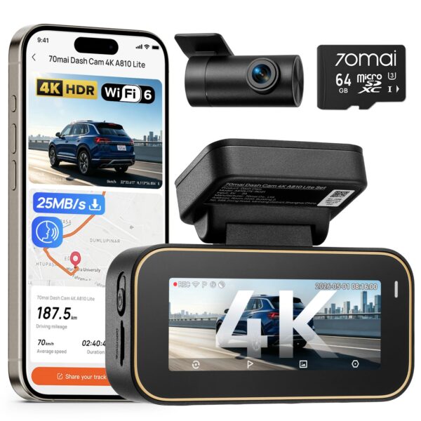 70mai A810 Lite Dual-Dashcam 4K+1080P mit HDR Nachtsicht & 4G LTE Fernzugriff