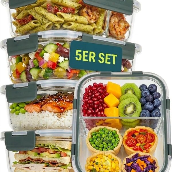 uandu Meal Prep Glasbehälter Set 10-teilig – 950ml Borosilikatglas mit Trennwand