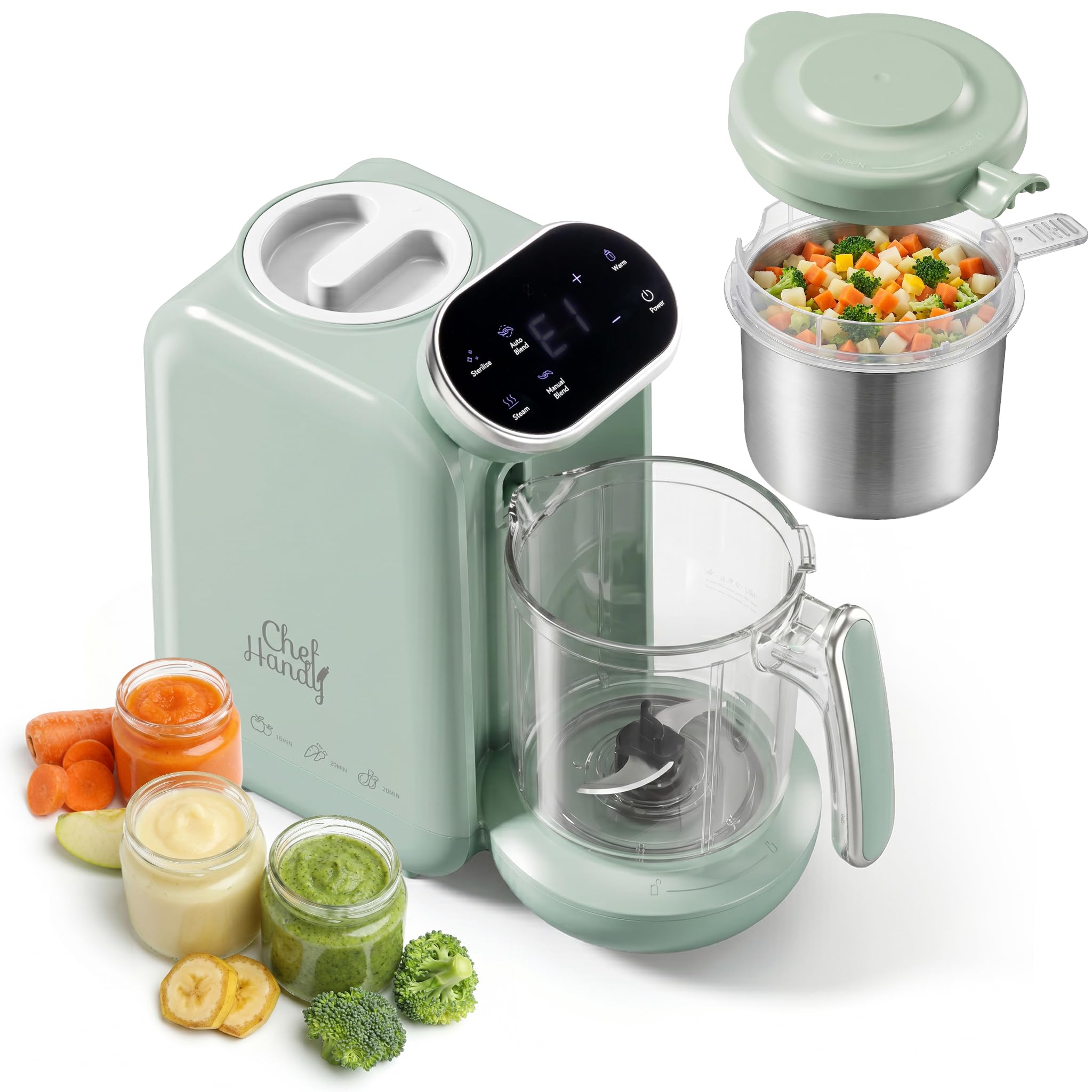 71iQfYv28EL._SY2048_.jpg Chefhandy 5-in-1 Babynahrungszubereiter mit Dampfgarer, Mixer & Fläschchen-Erwärmung – Grün – Bild 1