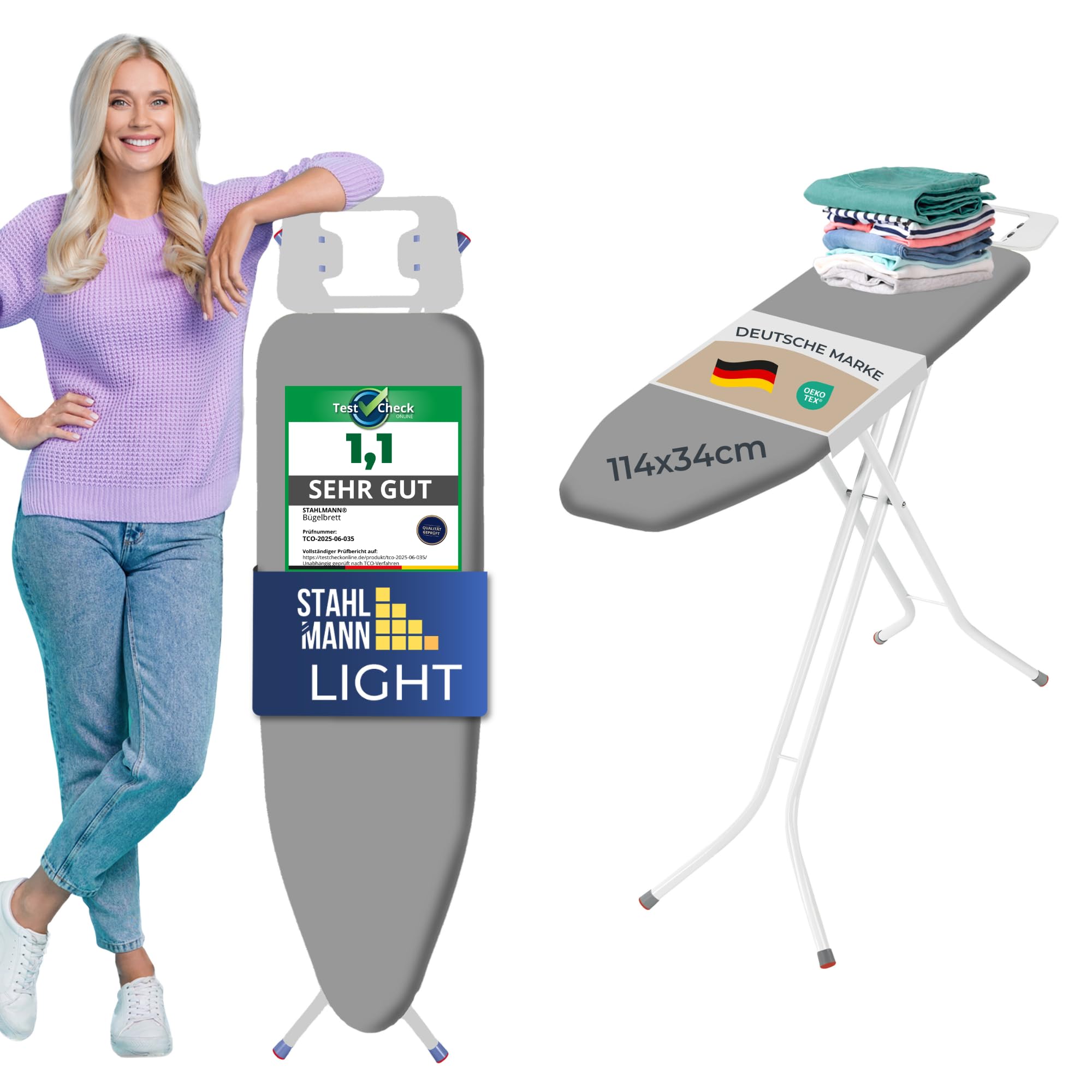 71ipYIOlQ8L._SY2000_.jpg STAHLMANN Bügelbrett 114x34 cm mit rutschfesten Füssen – Stabiler Bügeltisch Made in EU – Bild 1