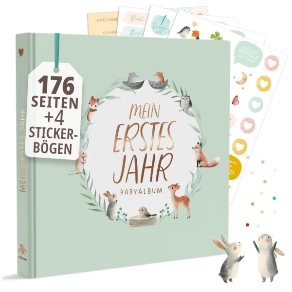 Rabano Art Babyalbum 176 Seiten mit Goldprägung – Erinnerungsbuch erstes Jahr Mint